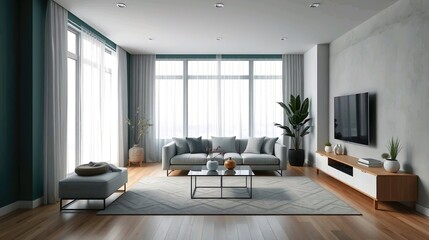 A sleek and modern interior design of a minimalist living room, featuring a neutral color palette of white, gray, and beige with black accents.