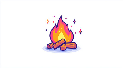 Cartoon vector of a campfire with flames and sparks on a white background, in a cartoon style, with a simple design, flat colors, no shadows, and a white background.
