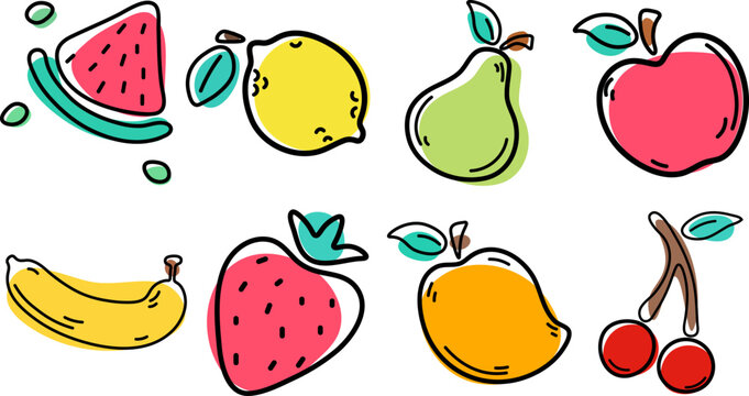 Colorful icons set of fruits and vegetables. Fruit collection in flat hand drawn style, illustrations set. Tropical fruit and graphic design elements. Ingredients color cliparts.
