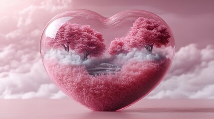 Fototapeta premium Pink heart-shaped glass globe containing miniature pink trees, clouds, and a small bridge, sitting on a pink cloudy surface.