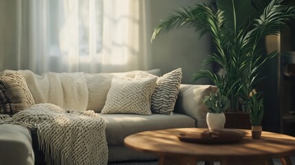 Sunlit Living Room Interior Design: Cozy and Tranquil Atmosphere