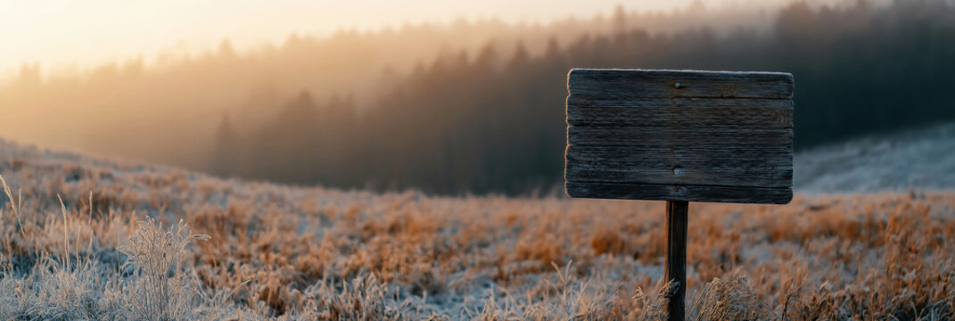 Wooden sign in frosted field at sunrise. Empty signboard alerts for assistance in remote area. Rural scenery suggests need for support. Frosty grass, dawn light create serene yet urgent scene.