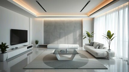 Fototapeta premium A sleek and modern interior design of a minimalist living room, featuring a neutral color palette of white, gray, and beige with black accents.