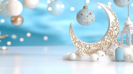 Festive Crescent Moon Decor  Blue   White Ornaments  Winter Holiday Scene