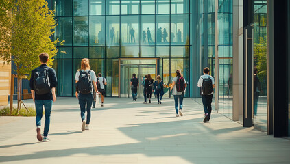 A realistic shot of a group of students walking in the entrance area at different times, passing through glass doors and entering a modern university building with tall ceilings