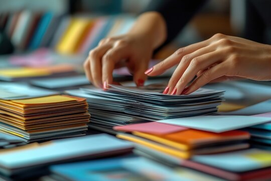 Close-up view of hands arranging printed marketing materials on desk. Person reviewing, refining client marketing materials. Colors, arrangement adjusted. Process focuses on visual clarity, quality.