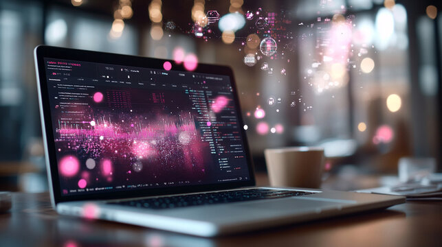 Ai-generated insights from laptop analytics dashboard coffee shop environment closeup perspective on technology use