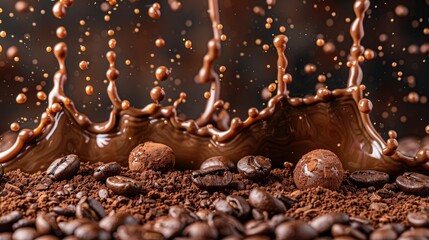 A dynamic splash of chocolate with coffee beans, showcasing rich textures and indulgence.