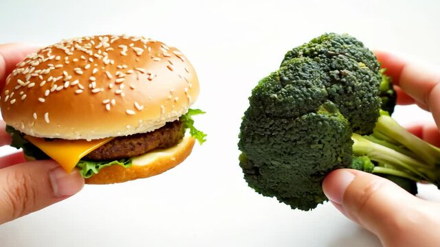 A close-up of two hands, one holding a cheeseburger with melted cheese on a sesame bun and the other holding fresh broccoli, symbolizing the contrast between fast food indulgence and healthy eating ch