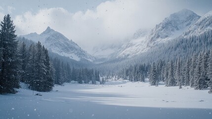 a peaceful winter landscape of a snowy meadow, 