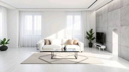 Fototapeta premium A sleek and modern interior design of a minimalist living room, featuring a neutral color palette of white, gray, and beige with black accents.