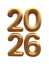 3D vector numbers 2026 in a gold color. Design object for New Year greeting cards, advertising banners. Metal numbers are bold and sleek, and with sharp edges. 3D element isolated on white