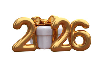 3D vector numbers 2026 in a gold color. Design object for New Year greeting cards, advertising banners. Metal numbers are bold and sleek, and with sharp edges. 3D element isolated on white