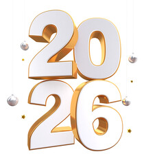 3D vector numbers 2026 in a gold color. Design object for New Year greeting cards, advertising banners. Metal numbers are bold and sleek, and with sharp edges. 3D element isolated on white