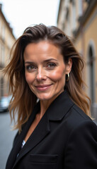 Naklejka premium Confident woman with long brown hair wearing a stylish black blazer, smiling warmly in an urban street setting