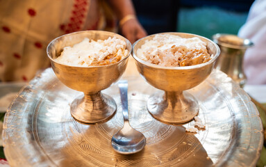 Assamese traditional food displayed at a stall to sell during Magh Bihu or Bhogali Bihu festival.