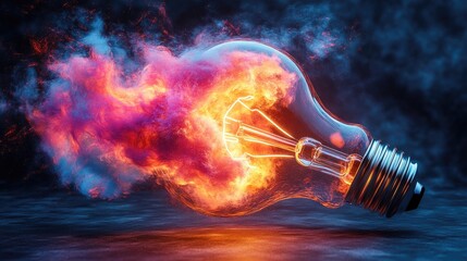 Glowing light bulb with fiery energy burst in dark background