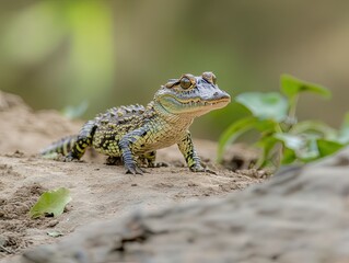Obraz premium Baby crocodile on riverbank, wildlife scene, natural habitat.