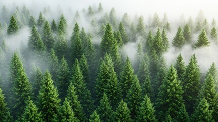 Fototapeta premium Misty evergreen forest with dense fog and lush green trees