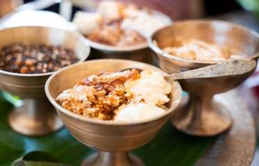 Assamese traditional food displayed at a stall to sell during Magh Bihu or Bhogali Bihu festival.