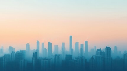 Fototapeta premium A serene city skyline at dawn, shrouded in mist, with soft pastel colors illuminating tall buildings against a tranquil backdrop.