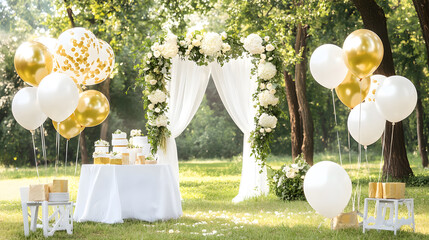 beautiful outdoor wedding setup featuring white and gold balloons, floral arch, and decorated table. Perfect for celebrations