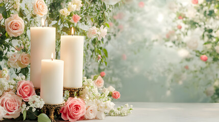 Elegant unity candles surrounded by soft pink roses and delicate flowers create serene atmosphere for special occasions