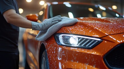 Man washing orange car with cloth under bright lights