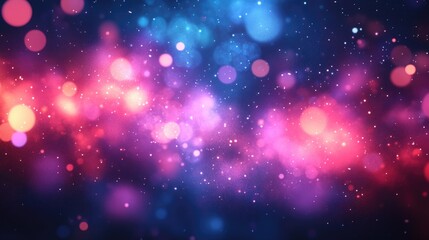 Vibrant cosmic nebula with colorful bokeh light particles in space