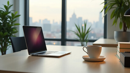Fototapeta premium The sleek, modern minimalist office workspace features a laptop placed centrally on a polished wooden table, accompanied by a white ceramic coffee cup