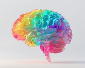 3D render of a vibrant brain with transparent color fog on a white background, captured in minimalistic style.