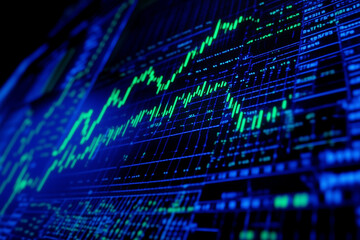 A stock market graph on the screen, displaying rising candlestick charts and financial data. The background is dark blue with a gradient of light to create depth.