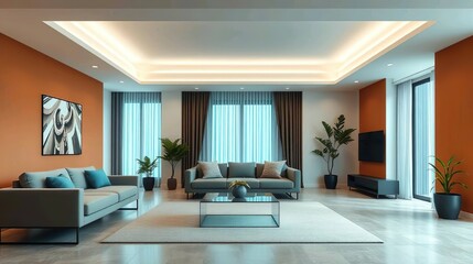 A sleek and modern interior design of a minimalist living room, featuring a neutral color palette of white, gray, and beige with black accents.