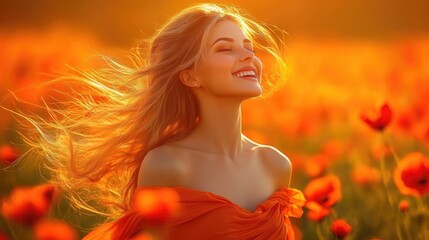 Young caucasian woman smiling joyfully in vibrant poppy field at sunset. March 8, International Women's Day