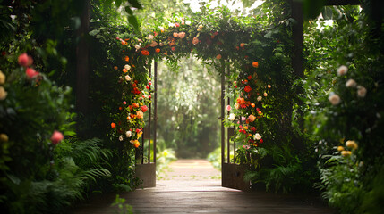 Fototapeta premium vibrant wedding garland adorned with colorful flowers creates stunning entrance, inviting guests into lush garden setting filled with greenery