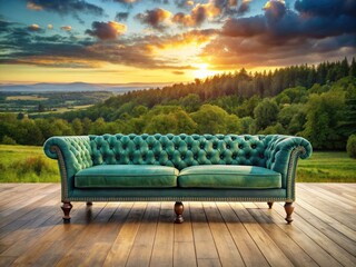 Drone shot reveals a plush velvet sofa with elegant legs, a focal point of a grand home's landscape.