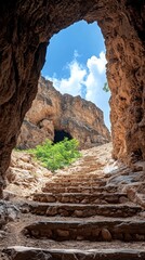 Fototapeta premium Rock cave entrance with steps, desert canyon view, blue sky.