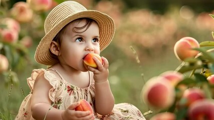 a baby eats peaches in the garden.
