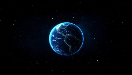 Fototapeta premium Abstract blue planet Earth with glowing dots, global network and connectivity concept, data transfer or information exchange on the internet in a futuristic technology background.