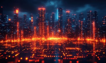 Obraz premium A futuristic cityscape illuminated by glowing orange lights, showcasing a digital landscape and advanced technology.