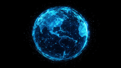 Obraz premium Abstract blue planet Earth with glowing dots, global network and connectivity concept, data transfer or information exchange on the internet in a futuristic technology background.