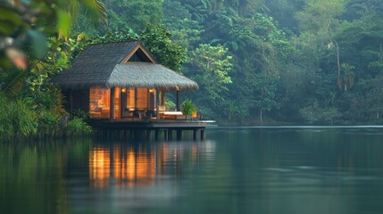 Obraz premium Tranquil Overwater Bungalow in Lush Tropical Paradise