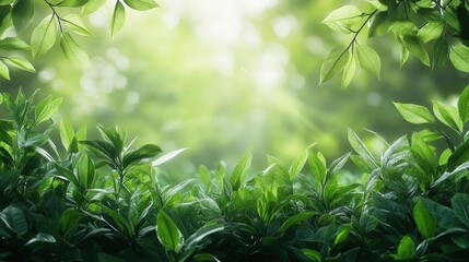 Lush Green Foliage in Sunlight with Dew Drops
