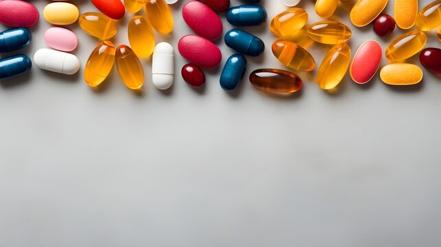 Overhead shot of a flat lay arrangement of various colorful dietary supplement and vitamin capsules bottles and containers on a plain neutral background  Concept of holistic health natural remedies