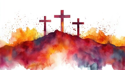 Vibrant watercolor crosses on hill with abstract background. Easter, Pascha, Paskha, Ostern, Pascua, Paques - Orthodox and Catholic Holiday celebration