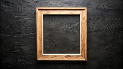 A wooden frame with a white frame on it is against a black wall.