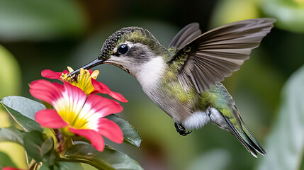 Fototapeta premium Green Hummingbird feeding on a vibrant red flower in a lush garden setting