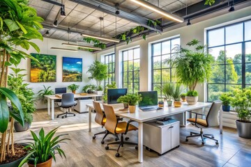 Fototapeta premium Open-plan green office featuring natural light, vibrant poster art, abundant plants, and sustainable materials.