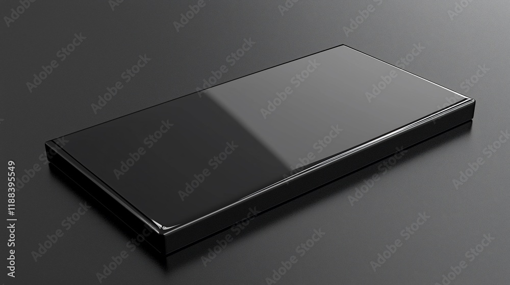 Poster glossy black rectangular box on dark surface.