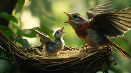 A bird teaching its chick to fly offering e(2)
